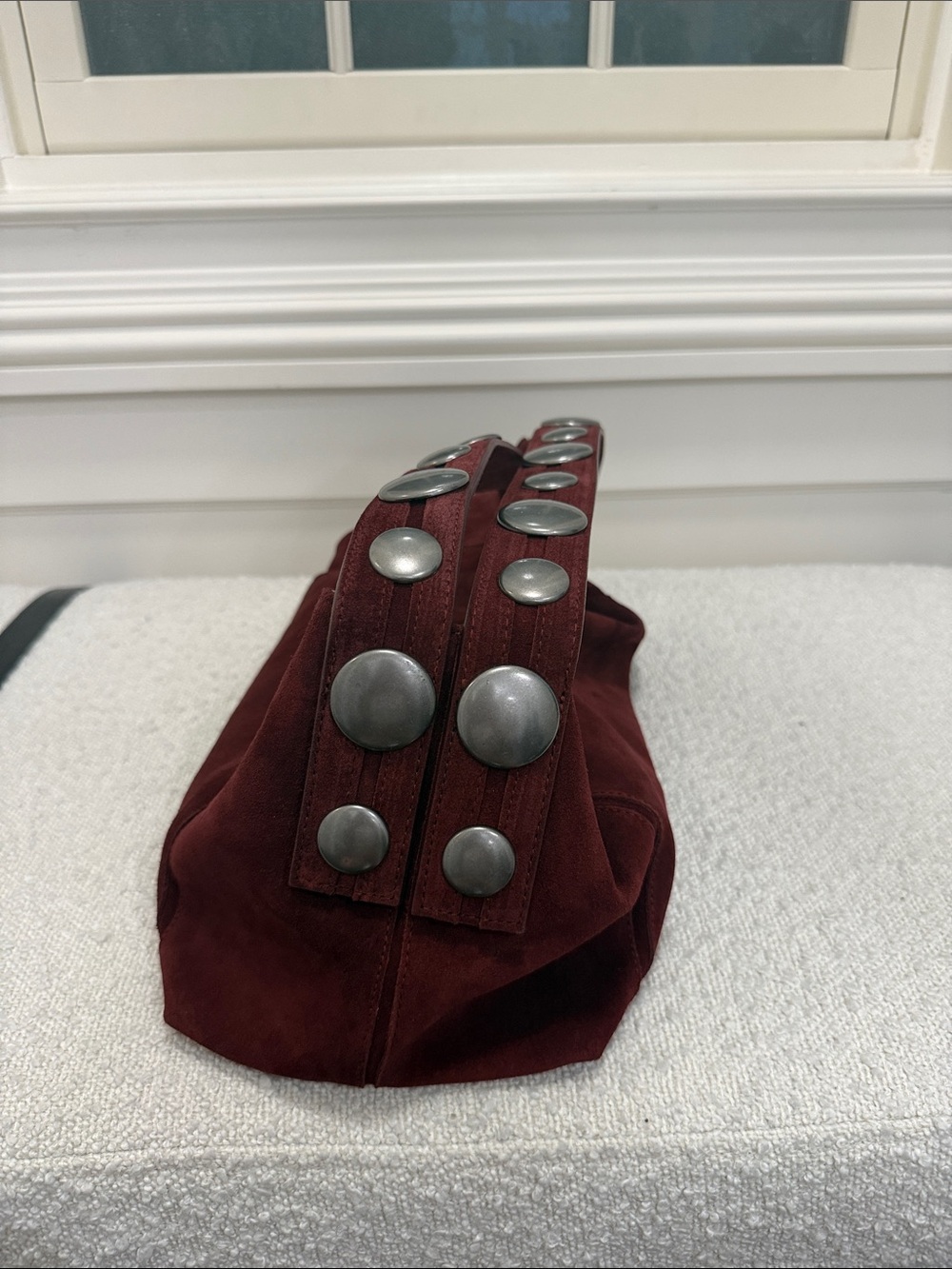 Zara Burgundy Suede Shoulder Bag with Silver Stud Strap - Picture 3 of 7